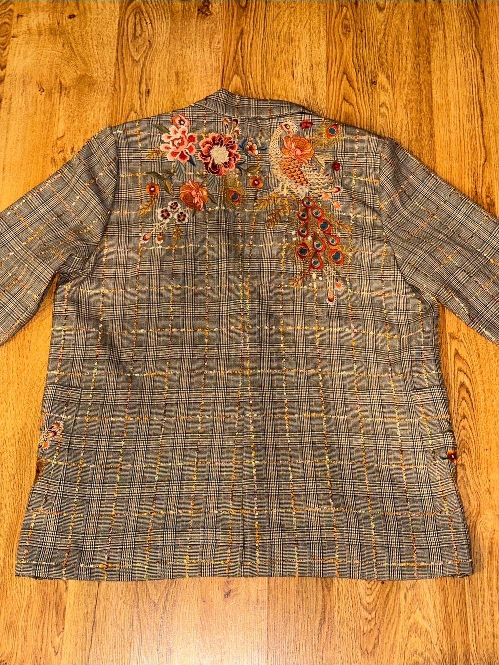 Johnny Was Workshop Brown Gray Embroidered Peacocks Plaid Floral Blazer Jacket